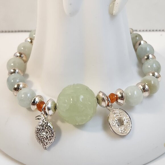 Estate Jewelry - VTG 90s Chalcedony Jadeite Carnelian 925 Beaded Toggle Bracelet 7.5" Adjustable